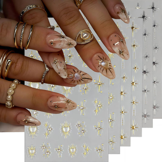 6 Sheets Star Nail Stickers for Nail Art, Shiny Crystal Diamond Stars Heart Silver Gold Self-Adhesive Nail Art Stickers Decals Design Everyday Salon Nail Art DIY Decoration Supplies for Women