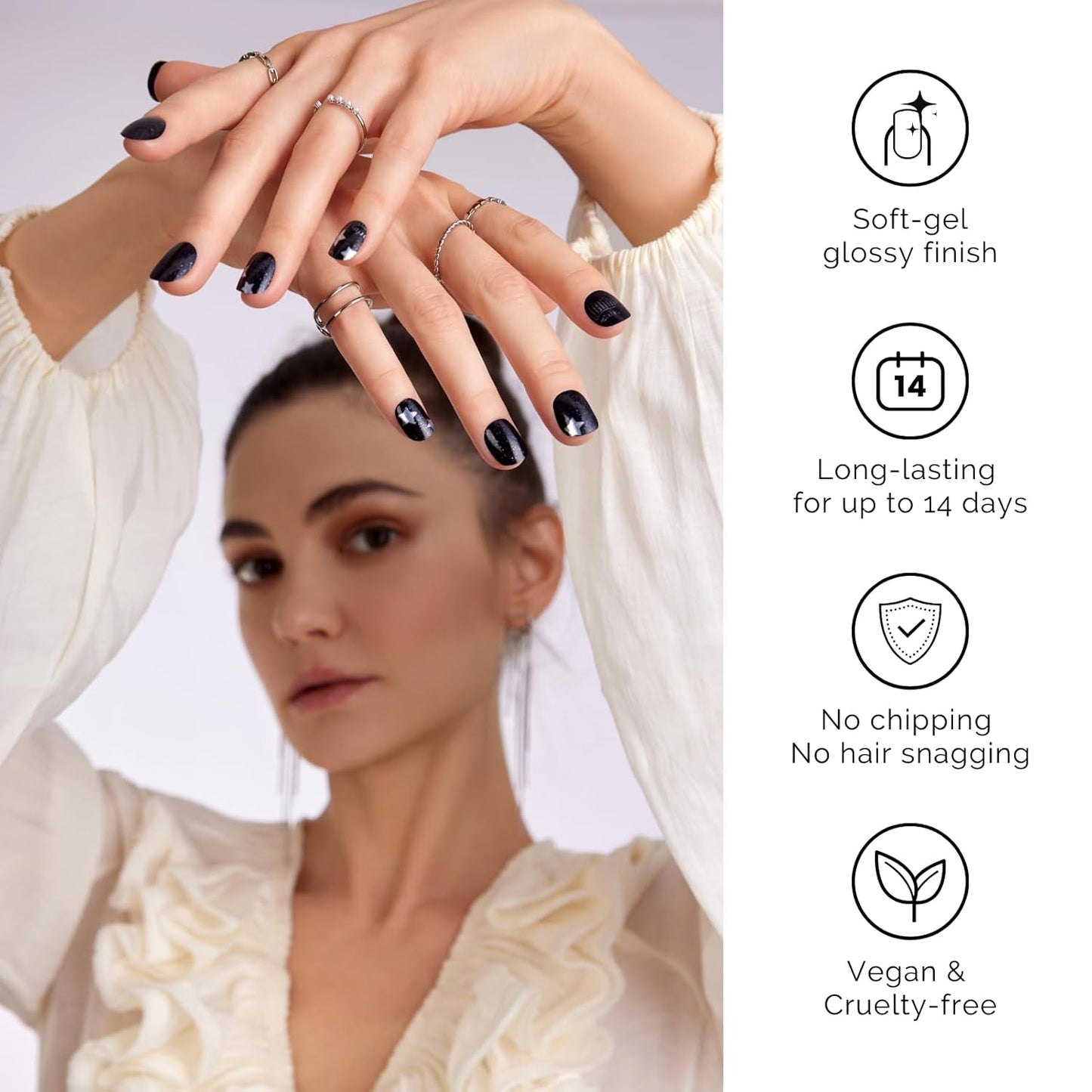 Semi Cured Gel Nail Strips - NAILOG 34 Pcs Gel Nail Stickers Buy 2 Get 1 UV Light | Long Lasting Nail Wraps with Glossy Gel Finish Black, Stardust