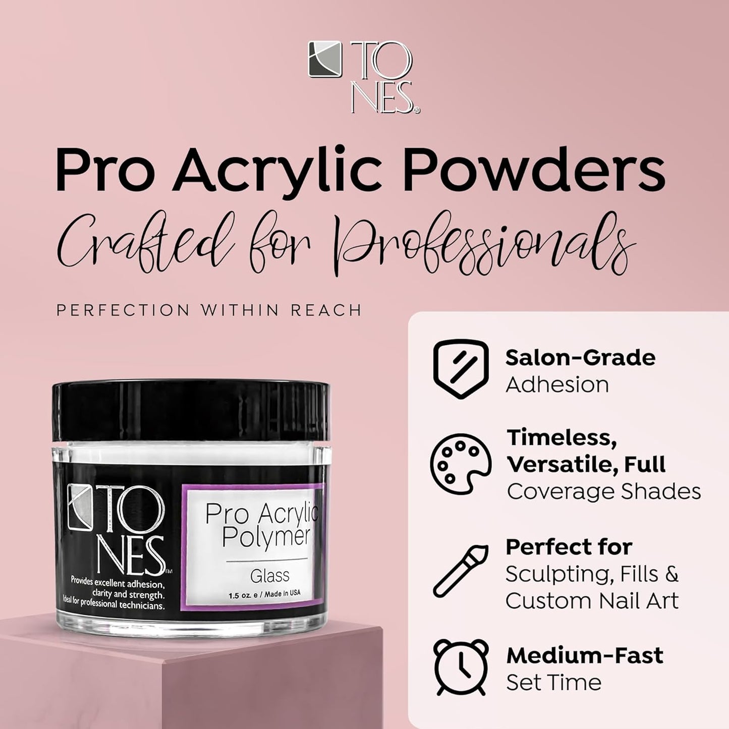 Tones Pro Acrylic Nail Powder, Glass (Clear), (8.5 Fl Oz) - Long-Lasting & Non-Yellowing Polymer for Salon Quality Nail Extensions & 3D Art