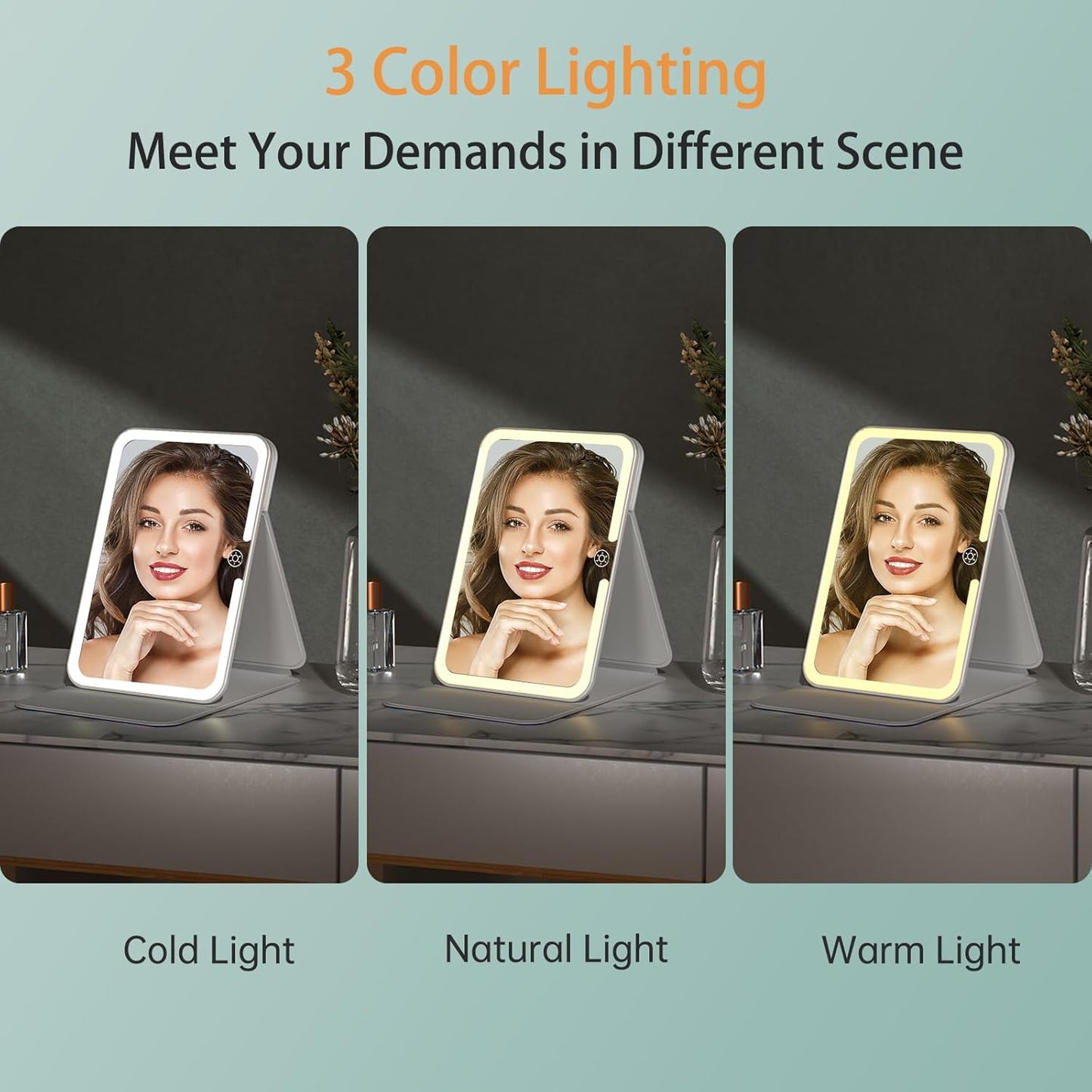 Rechargeable Travel Lighted Makeup Mirror with PU Leather Cover, Portable Travel Makeup Mirror with Lights, 3 Color Lighting,Touch Sensor Dimmable, Light Up Tabletop Cosmetic Mirror Folding Flower