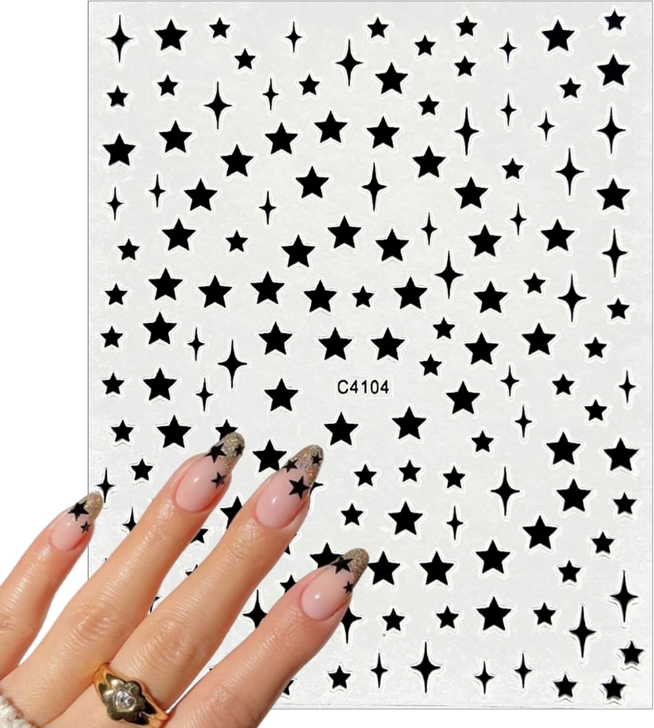7Sheets Star Nail Art Stickers Decals 3D Self-Adhesive Shiny Black White Rose Gold Stars Nail Decals Holographic Laser Gold Silver Glitter Star Nail Design for Acrylic Manicure DIY Women Nail Decor