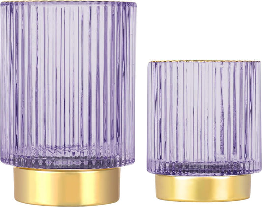 DASITON Makeup Brush holder Organizer,Crystal Cosmetic Makeup Brush Glass Brushes Storage Holder, Vintage Make Up Brush Cup Pen Pencil Holder striped vase(Purple S+L)