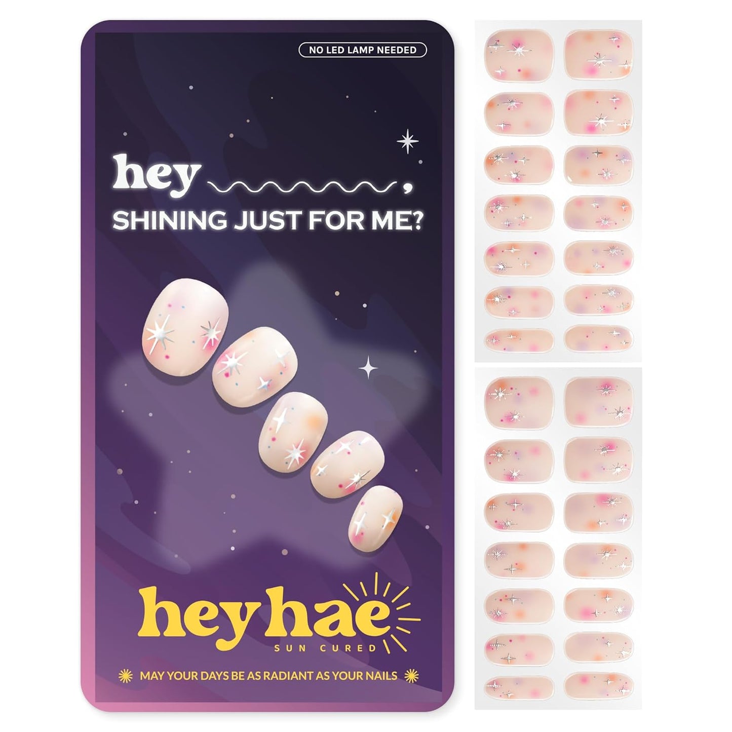 Semi Cured Gel Nail Strips | No LED Lamp Needed | Summer, Aura, Pink | Easy Apply & Remove, Salon Quality |Includes 28 Strips, 1 Prep Pads,Nail File&Wooden stick-Hey, Shining Just for Me?