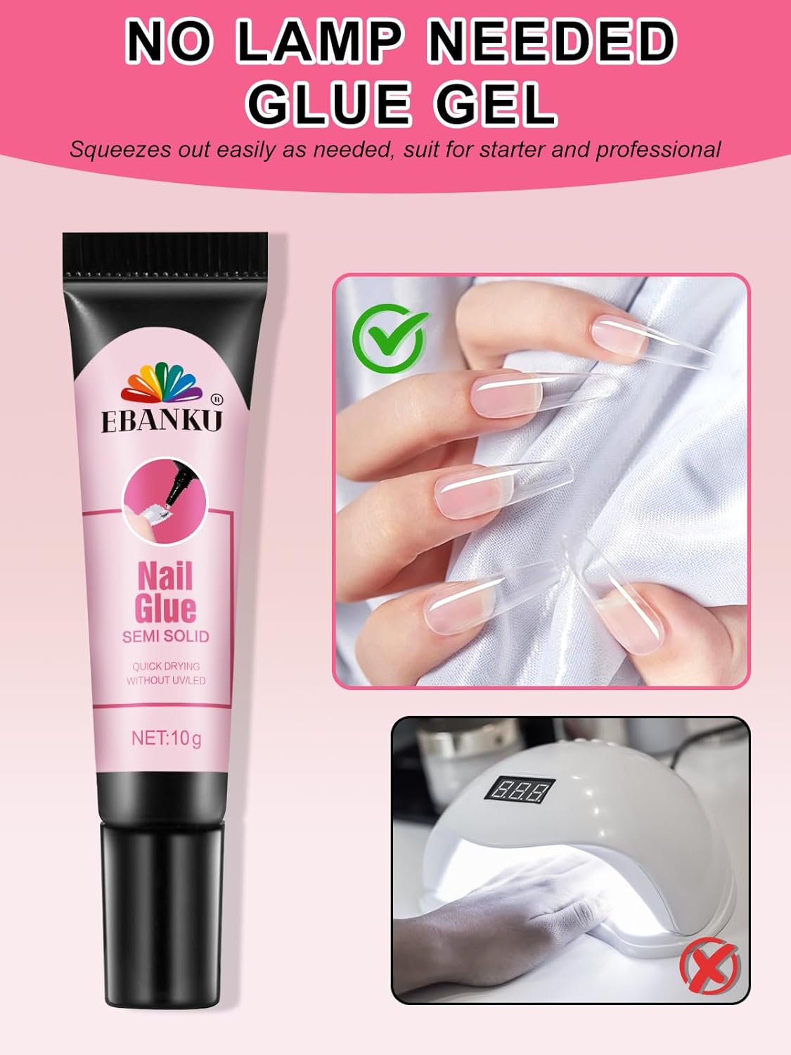 EBANKU 4PCS Solid Nail Glue Gel with Nail Dehydrator and Primer, Fast Dry Solid Semi Nail Glue No Uv Light Needed, Nail Prep Dehydrator & No Lift Nail Primer Nail Supplies for Long Lasting Nail Techs