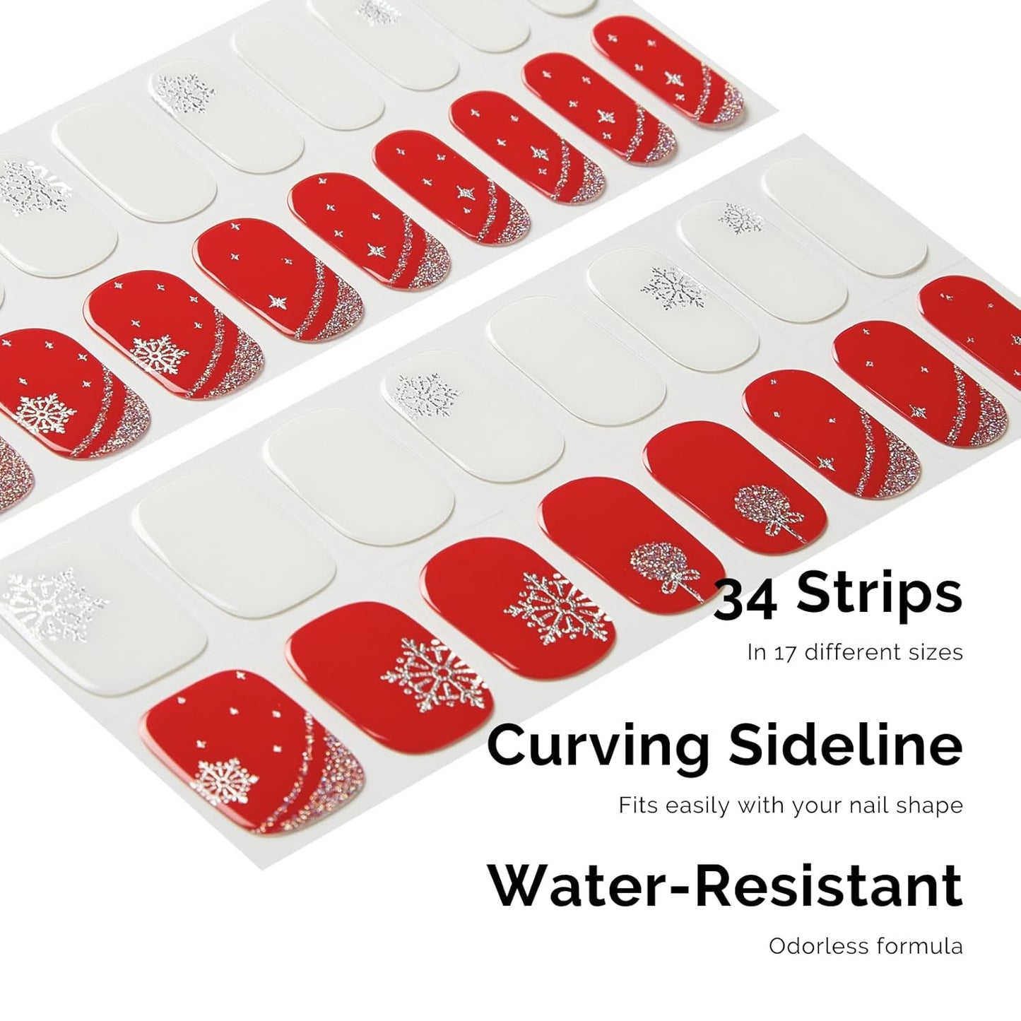 Semi Cured Gel Nail Strips - NAILOG 34 Pcs Gel Nail Stickers for Christmas Day | Buy 2 Get 1 UV Light | Long Lasting Nail Wraps with Glossy Gel Finish Red, Holly Jolly