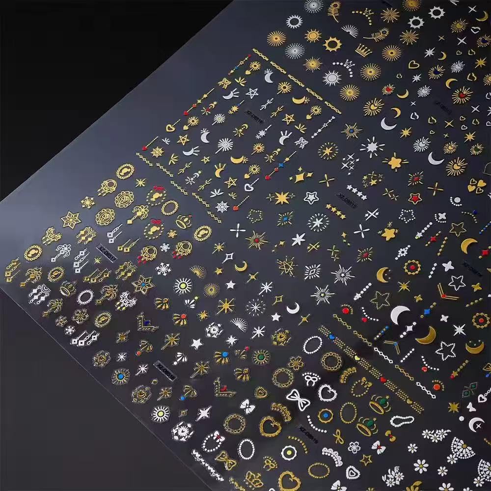 20 Sheets Gold Nail Stickers Star Moon Nail Art Stickers 3D Embossed Self Adhesive Nail Decals Flower Butterfly Heart Nails Design Nail Art Decals for Women Manicure DIY Decoration