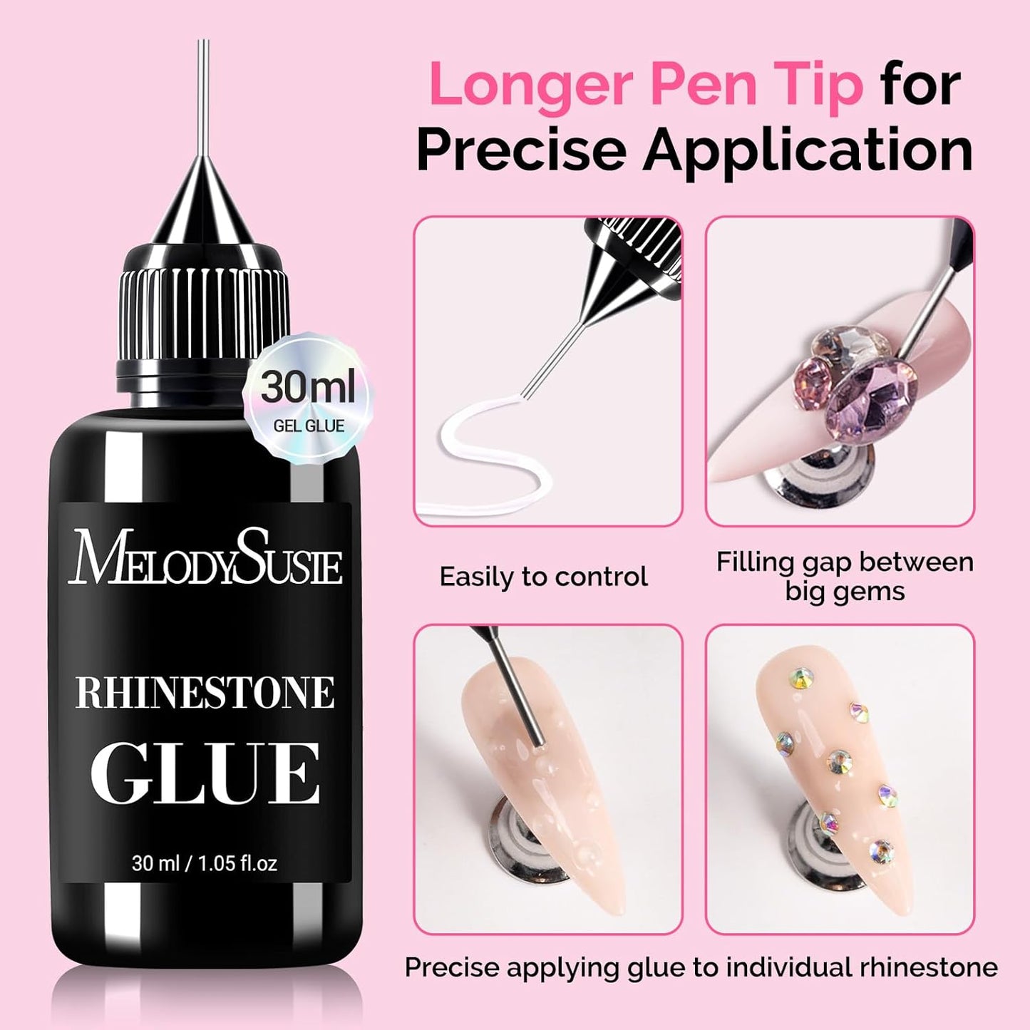 MelodySusie Nail Rhinestone Glue, 3D Gel Nail Art Design Strong Adhesive Nail Gem Glue for Nail Charms Gems Jewelry Decoration DIY Manicured at Home Cured Need Beauty Gifts for Women 30ml