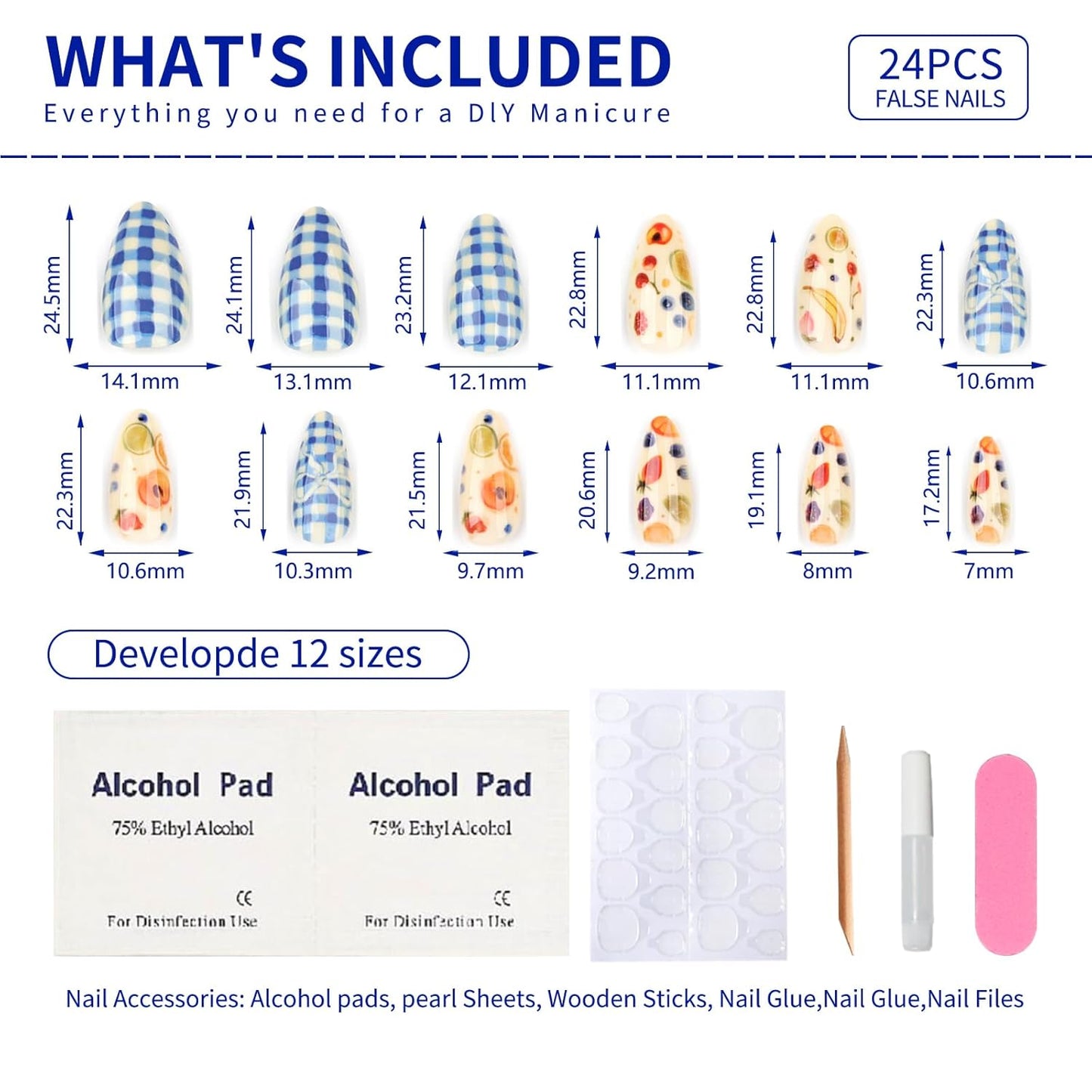 Summer Fall Picnic Press On Nails Short – Almond Cute Fake Nails with Fruit and Blue Gingham Design, Colorful Summer Nails Press Ons, Glossy Glue On Nails Kit for Women, Fruit Part, 24Pcs