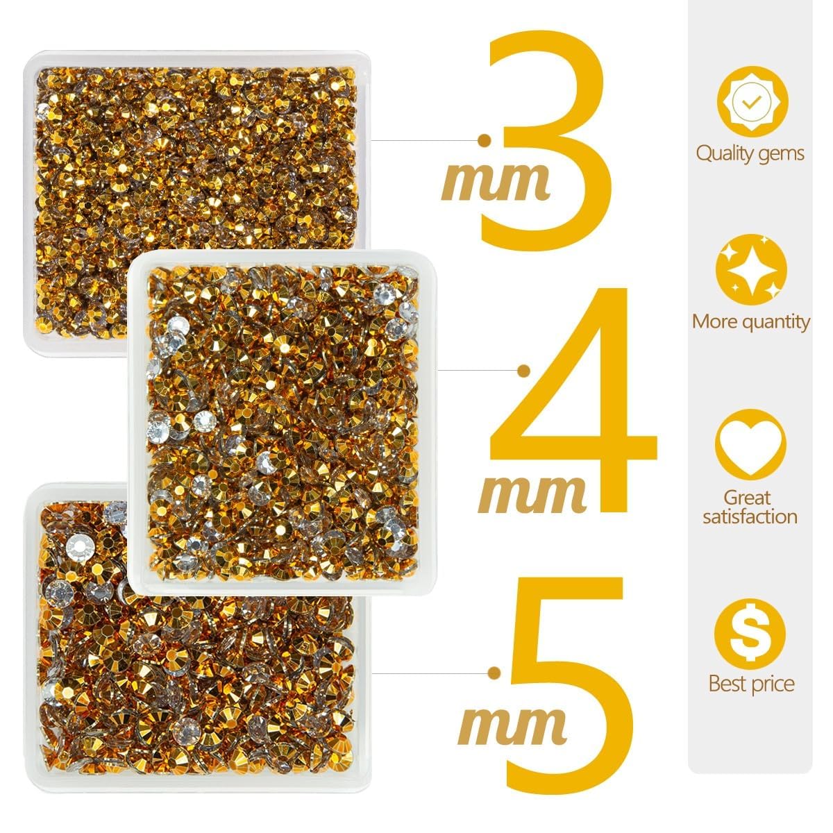 Bright Gold Resin Rhinestones for Crafting 3mm 4mm 5mm Golden Flatback Jelly Stones Bulk SS10 SS16 SS20 Non-Hotfix Diamonds Crystals Gems for Nails Face Eyes Makeup Tumblers Bottles DIY Crafts