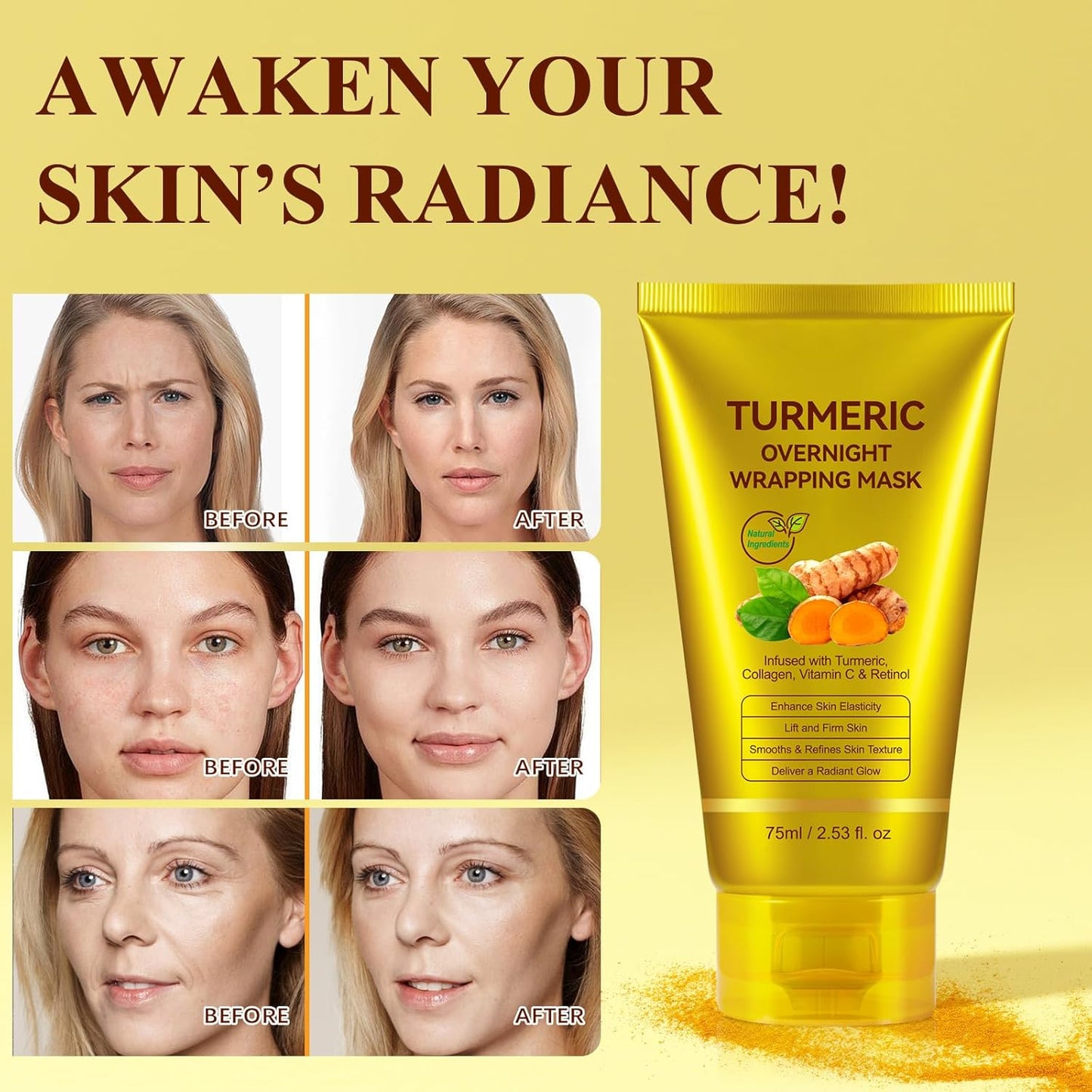 Turmeric Vitamin C Collagen Overnight Wrapping Peel Off Mask for Lifting & Firming Face/Neck, Saggy/Dull/Roughed Skin treatment for Clear, Dewy, Radiant Face, 2.53 Oz/75 ML