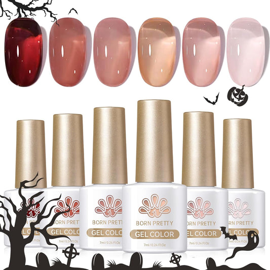 Born Pretty Jelly Burgundy Gel Nail Polish Fall Winter Blood Wine Red Nude Pink Gel Polish Sheer Transparent Halloween Gel Polish Kit Wild Rose for Salon Manicure and Nail Art DIY at Home 6Colors