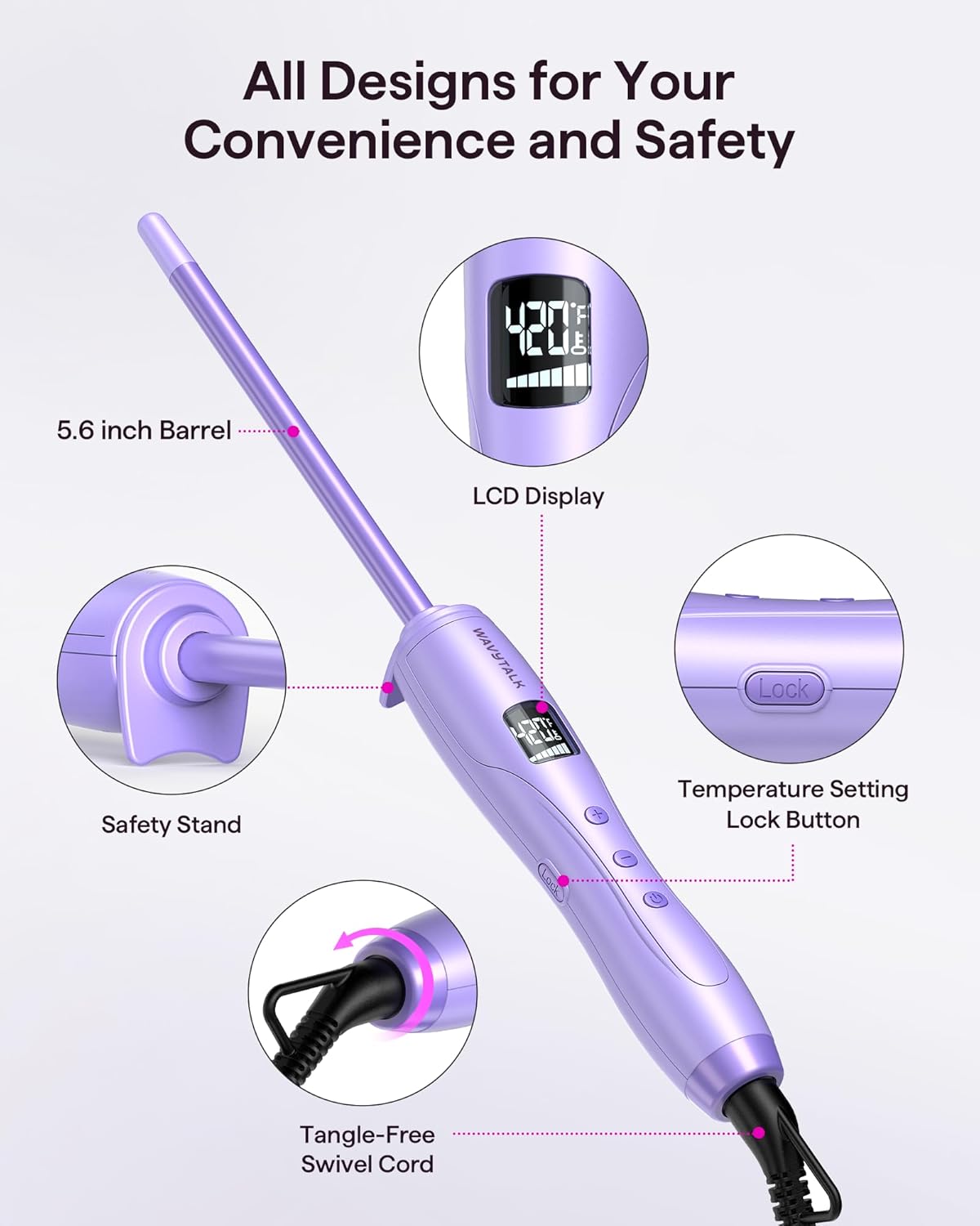 Wavytalk 3/8 Inch Small Curling Iron, Curling Wand for Short & Long Hair, Ceramic Small Barrel Curling Iron with Adjustable Temperature, Include Heat Resistant Glove (Purple)