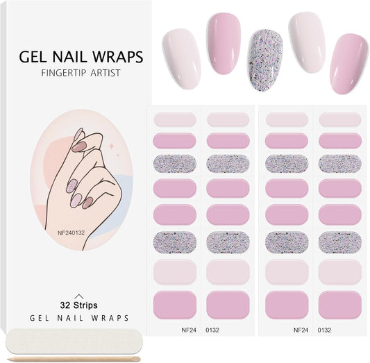 EBANKU 32PCS Semi-Cured Gel Nail Wraps Full Nail Polish Wraps Shiny Nail Decors UV/LED Lamp Required (Shiny Pink)