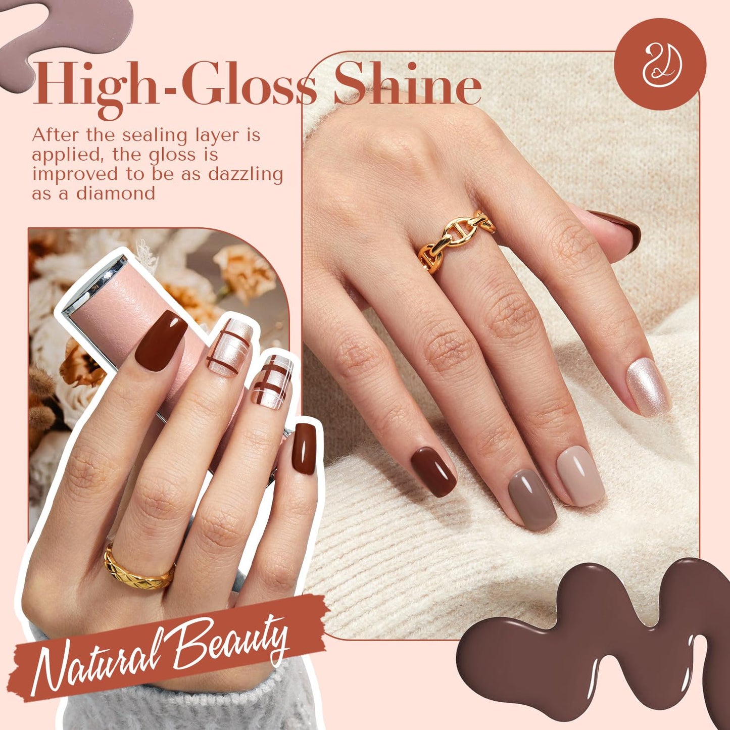 AZUREBEAUTY Nail Polish Set, 4 Colors Nude Brown Skin Glitter Quick Dry Natural Nail Lacquer Strengthening Treatment Kit with Top Coat DIY Salon at Home