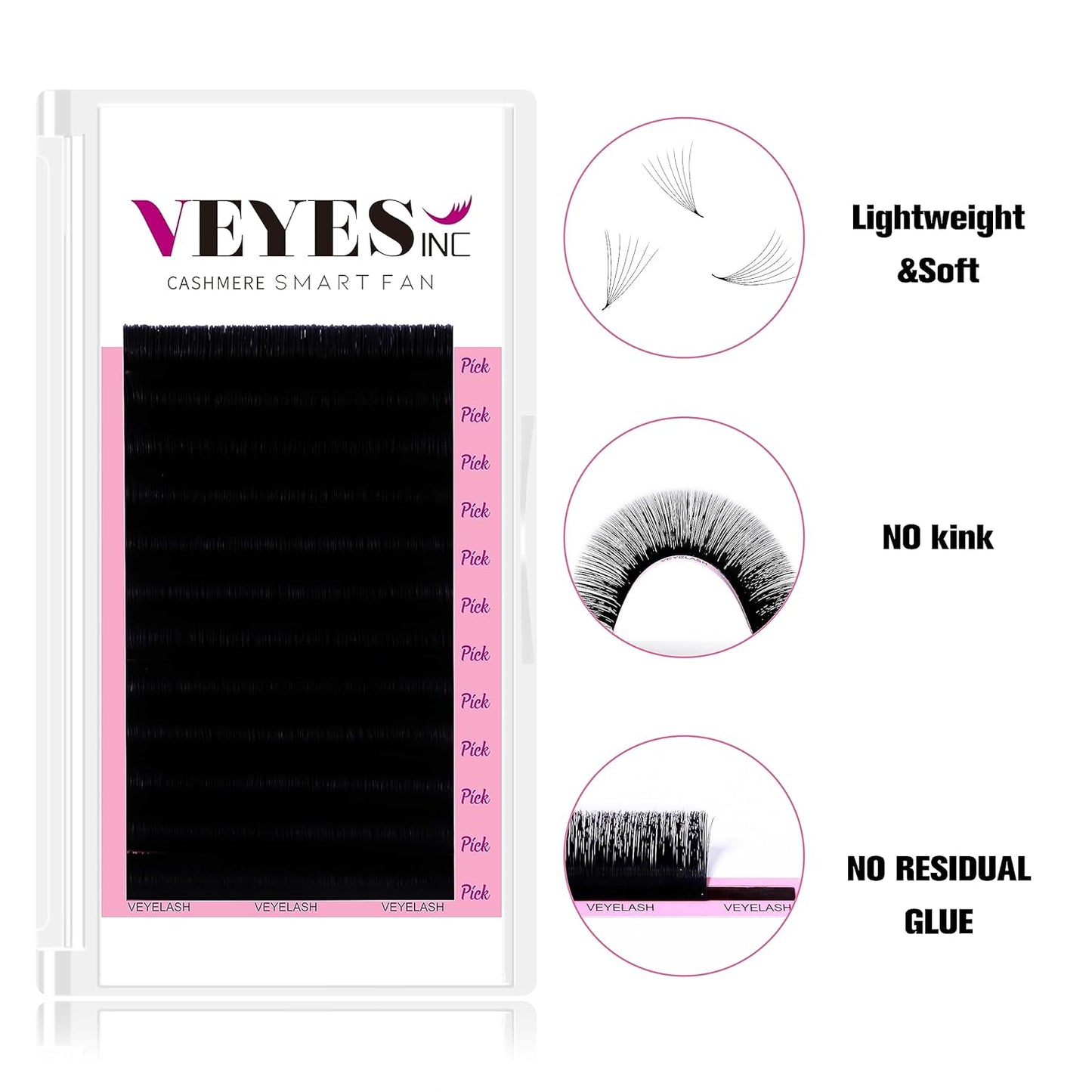 VEYES INC Cashmere Smart Fan Lash Extensions 0.03 0.05 0.07 C/CC/D Curl 8-20mm Mixed & Single Length, Super Matte Black Volume Lashes, Professional Supplies for Lash Techs (0.03 CC 8-16mm)