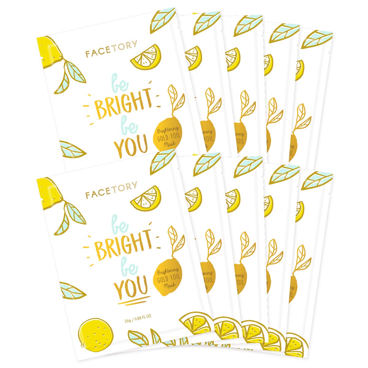 FACETORY K Beauty Face Mask Skin Care - BE BRIGHT BE YOU BRIGHTENING Sheet Mask with Gold Foil & Lemon Fruit | Glowing Gold Brightening Face Mask (10 Pack)