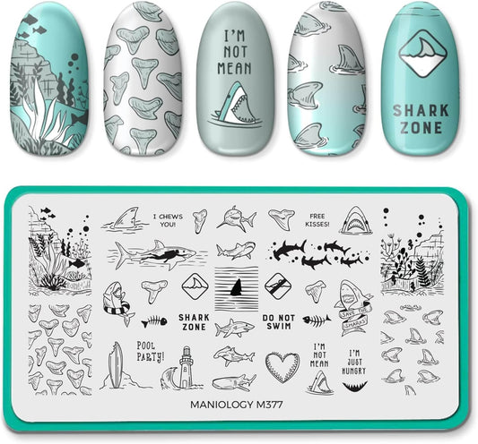 Maniology Kiss a Shark Nail Stamping Plate | Sharky Nail Art Manicure Designs, Sharks and Sea Creatures DIY Patterns - Reusable, Rectangular, Stainless Steel Nail Art Template