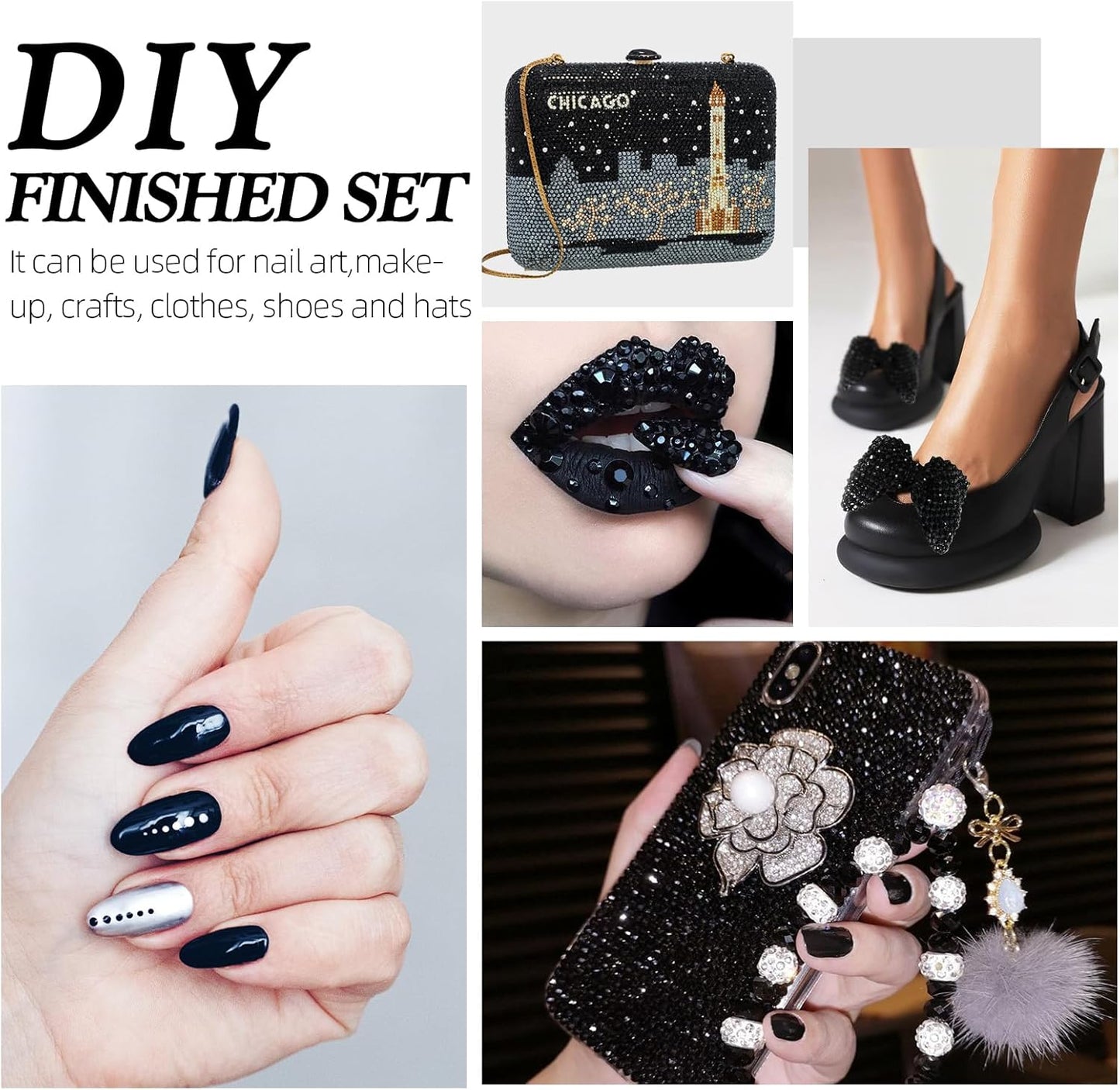 Black Flatback Rhinestones, Glass Rhinestones for Nail Art and Craft, Glue Fix, Loose Crystal Gemstones(Black, SS12, 1440pcs, 2.9-3.0mm)