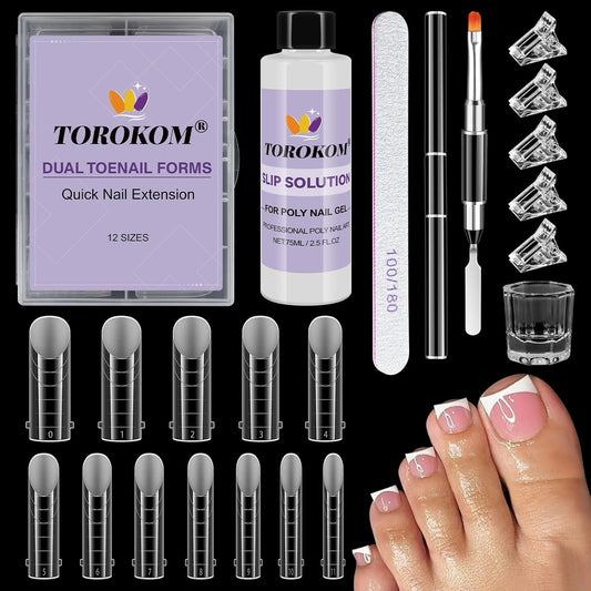 TOROKOM Poly Gel Nail Forms Kit for Toes - 120PCS Reusable Dual Toenail Forms for Builder Gel, Toe Nail Kit with 2.5oz Slip Solution, Brush, File, 5PCS Clips - 12 Sizes
