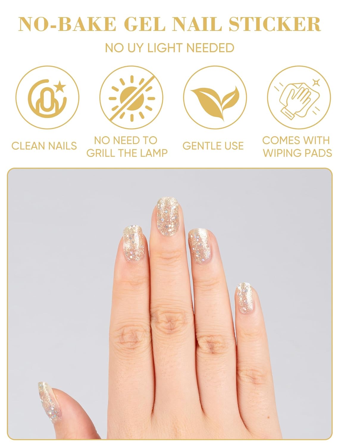 UV-Free Self-Adhesive Nail Art Design Stickers with Nail Files, 48 Pcs Stick on Semi Cured Gel Nail Polish Strips Wraps for Women (Gold)(Gold)