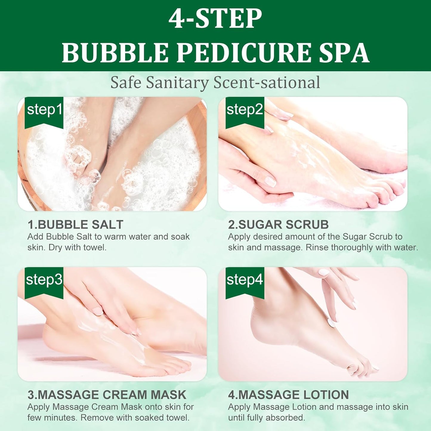 Pedicure Kit Foot Soak Set: Bubble Salt, Sugar Scrub, Massage Mask, Massage Lotion in a Box, 4 Step Foot Spa Kit for Dry Feet,Tired Feet(1 Set Cucumber)