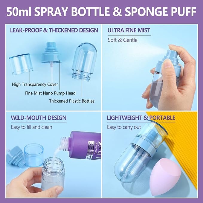 Long Lasting Makeup Setting Spray Kit- 6.76 Fl oz Hydrating Matte Finish Mist Lightweight Face Make up Fixer +Travel Size Spray Bottle+Sponge Puff Makeup Set