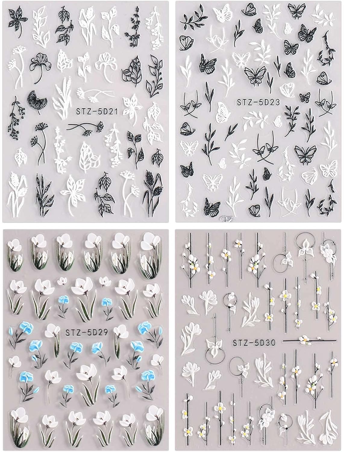 JMEOWIO 3D Embossed Flower Spring Nail Art Stickers Decals Self-Adhesive Pegatinas Uñas 5D Summer Colorful Floral Nail Supplies Nail Art Design Decoration Accessories 4 Sheets