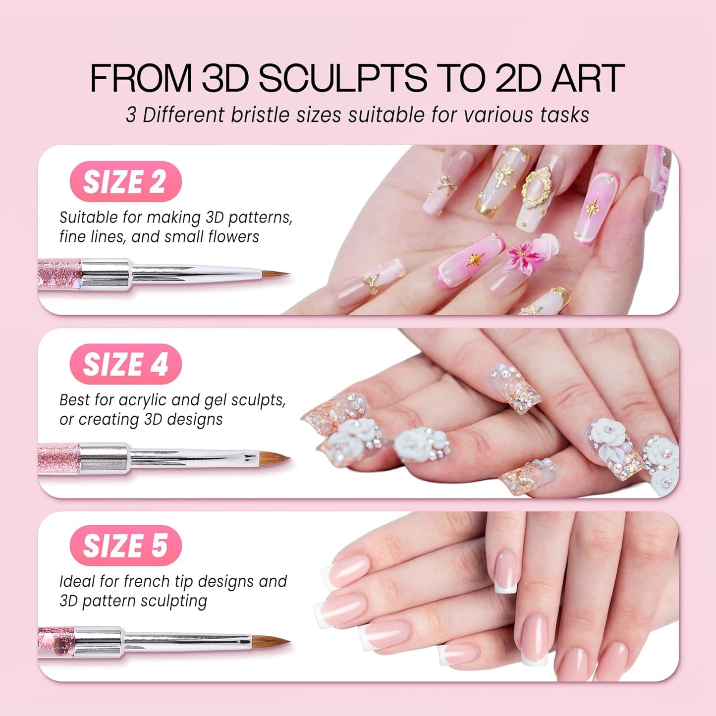 PANA 3D Kolinsky Nail Art Brush - Pink Glitter Handle, Size 2 - Acrylic Nail Art Sculpture Brush for Manicures Pedicure Salon Professional or Beginner