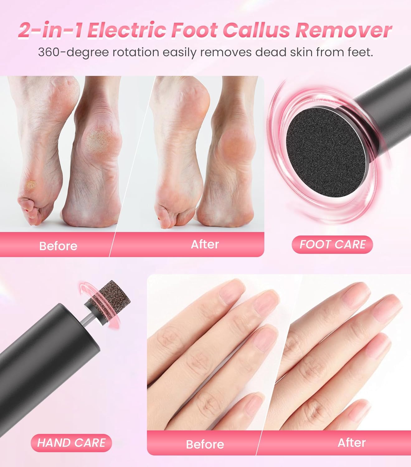 Electric Foot Callus Remover, 6 Speeds 2-in-1 Rechargeable Electric Foot File & Nail Grinder, Callus Remover for Feet Pedicure Tools with Sandpaper Disc for Dead Skin -Black