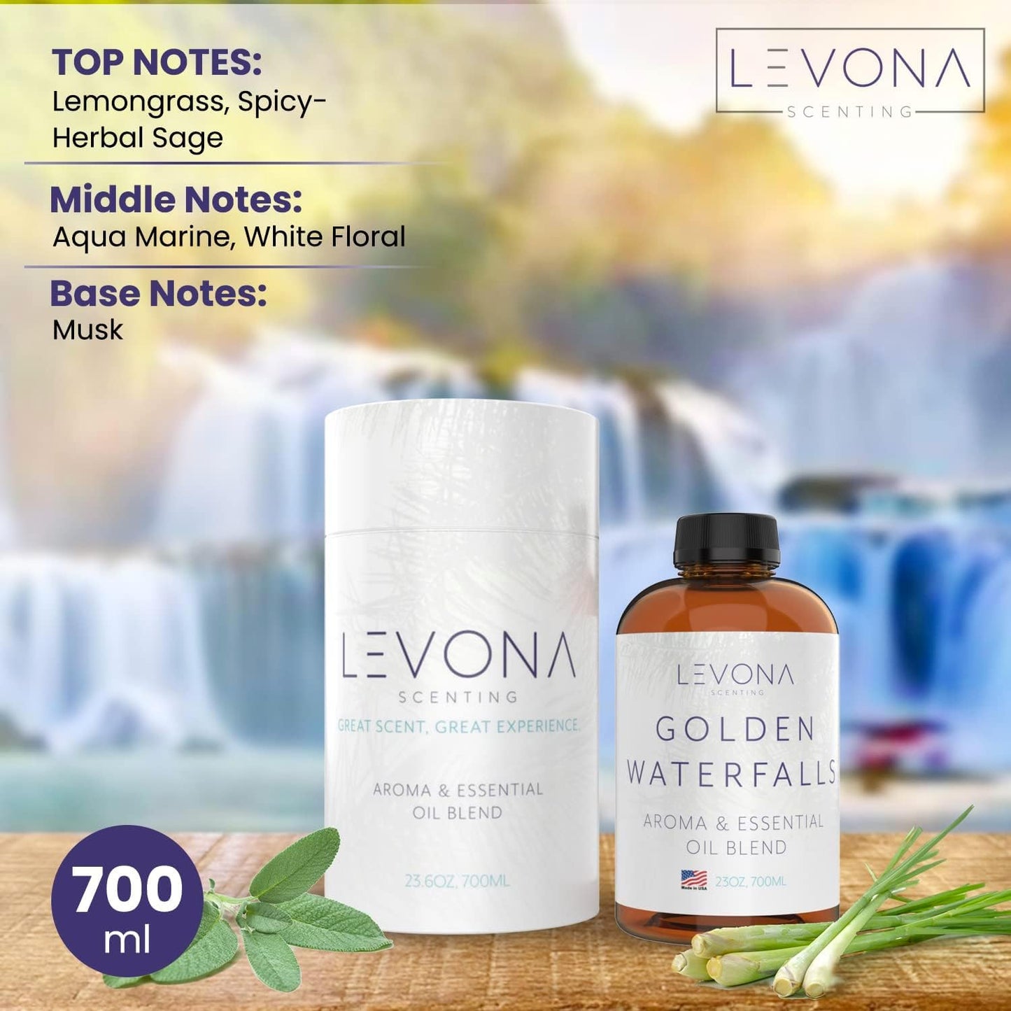 Levona Scent Pure Essential Oils for Diffusers for Home, Hotel & Office - Golden Waterfalls Essential Oils for Diffuser Oil and Humidifiers - Home Luxury Scents - Scented Fragrance Oil Blends - 700 ml