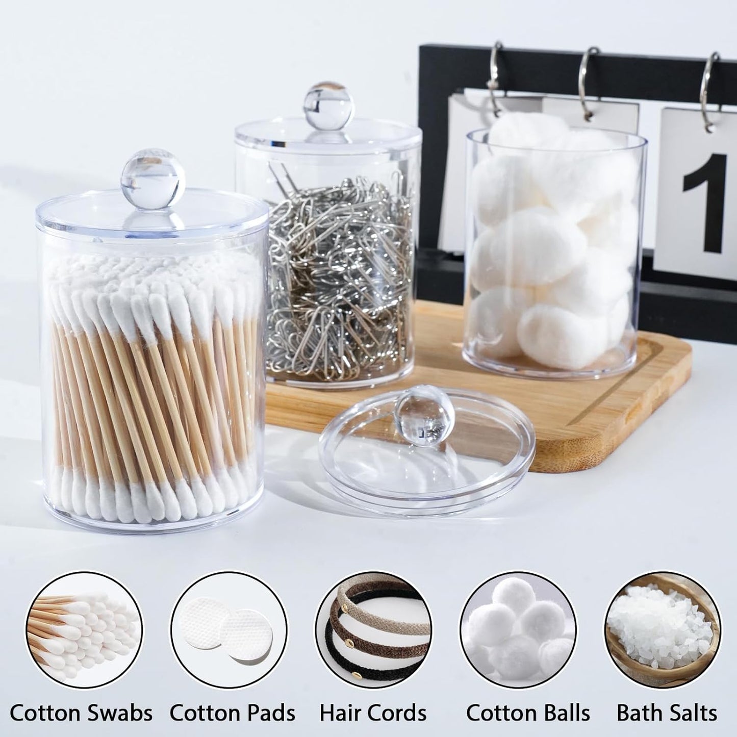 4 Pack Qtip Holder,Canister Apothecary Jar Set, Bathroom Jars with Lids Set for Cotton Swabs, Balls, Pads, Floss Picks,10oz-12oz Plastic Canisters Restroom Bedroom Vanity Organizer