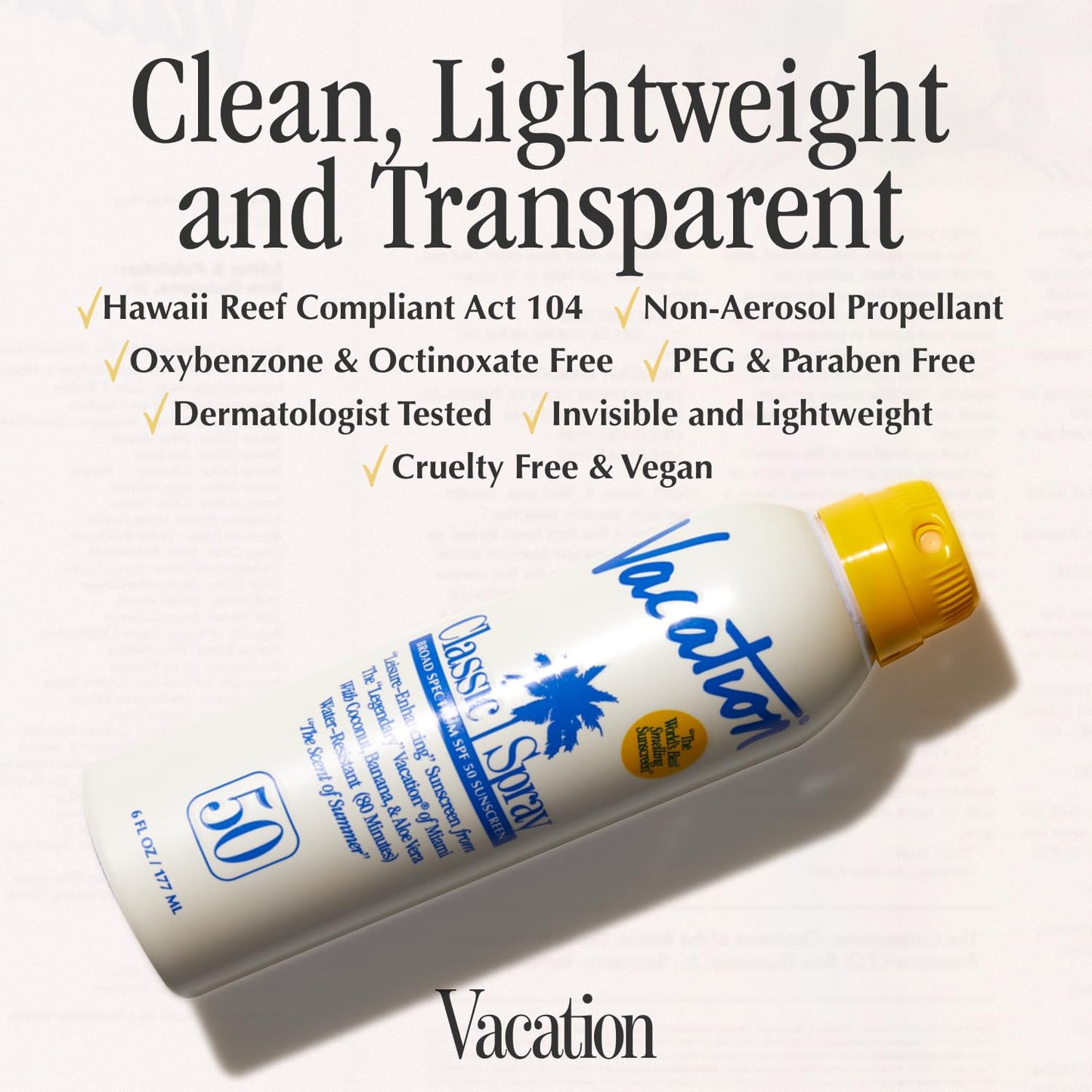 Vacation Classic Sunscreen Spray SPF 50 & Air Freshener Bundle, Water-Resistant, Lightweight, Transparent on All Skin Tones, Dermatologist-Tested, Vegan, 6 Fl. Oz.