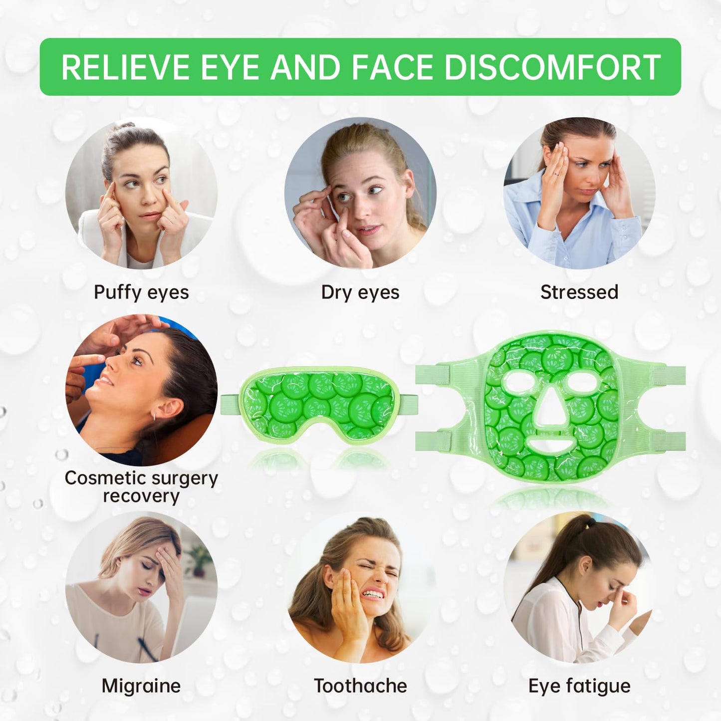 Face Eye Mask Ice Pack for Reducing Puffiness, Bags Under Eyes, Puffy Dark Circles, Migraine,Hot/Cold Pack with Soft Plush Backing (Cucumber Green)