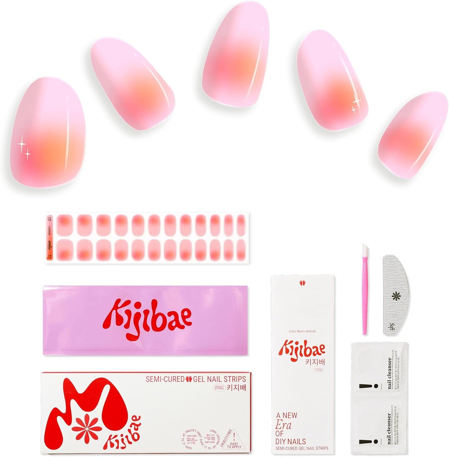 Semi Cured Gel Nail Strips - Minimalist Ombre Nail Polish Wraps, Works with Any UV Lamp - Long Lasting Easy Salon Manicure - 24pcs with 2 Prep Pads, Nail File & Cuticle Stick (Rainbow Sherbet)