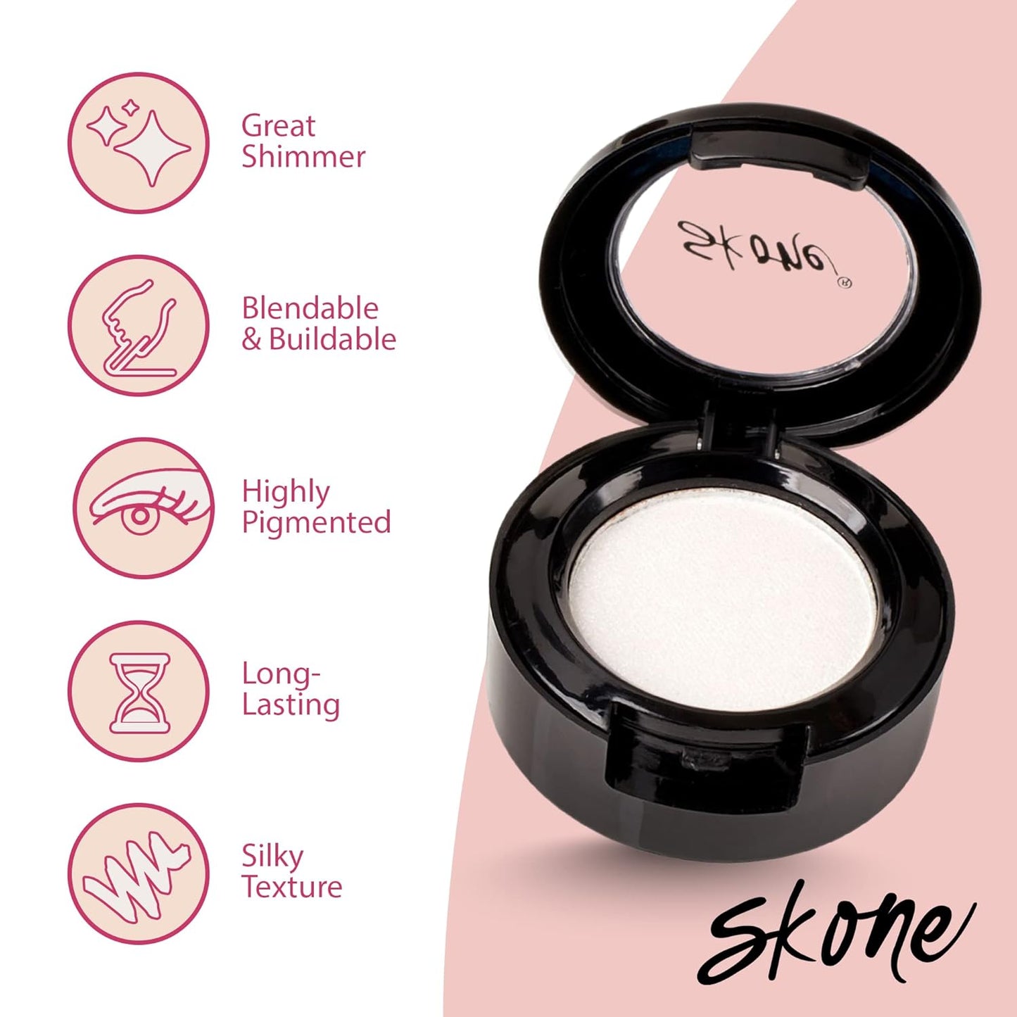 Skone Cosmetics Gems Eye Shadow, Highly Pigmented, Longwear Eye Makeup, Single Eyeshadow with Pro Shimmery Finish - Ultra-Blendable, Slightly Shimmer Shades - White Eyeshadow - Love