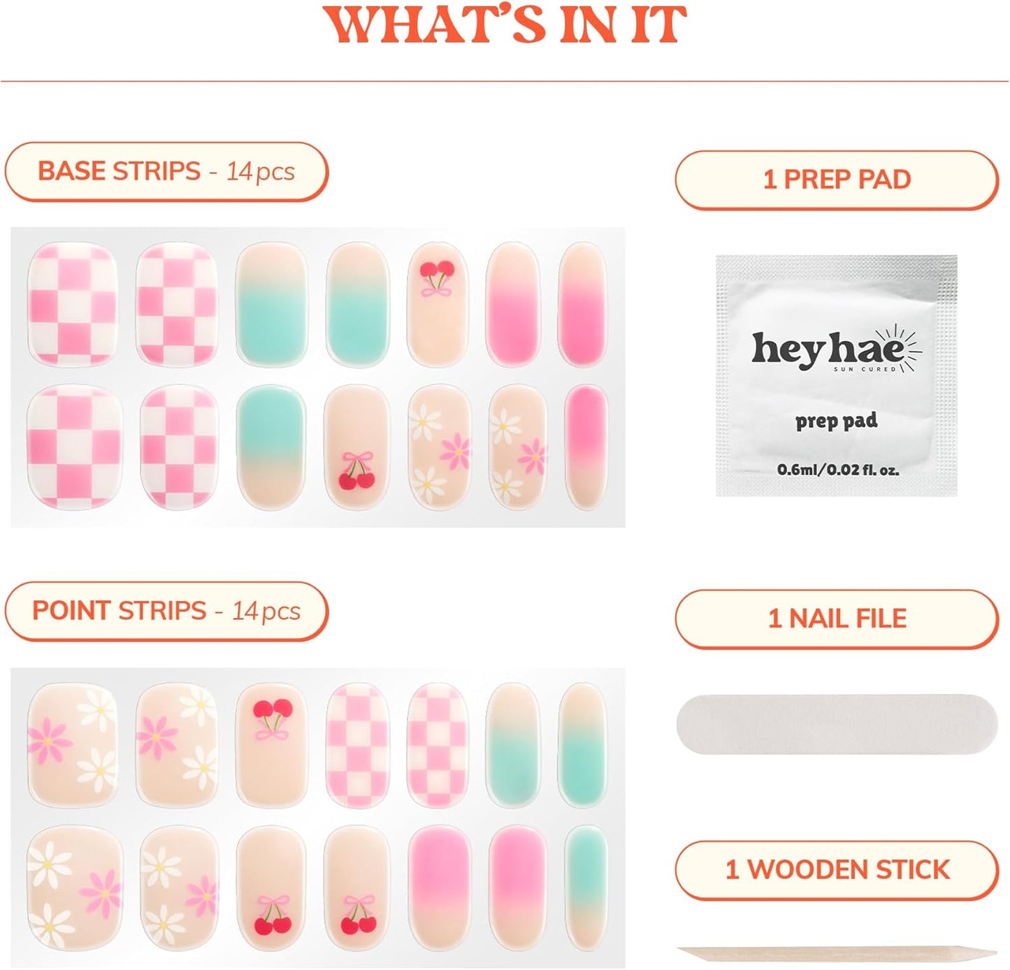 Semi Cured Gel Nail Strips | No LED Lamp Needed | Summer, Ombre, Cute | Easy Apply & Remove, Salon Quality | Includes 28 Strips, 1 Prep Pads, Nail File & Wooden Stick - Hey, Sweet Treat