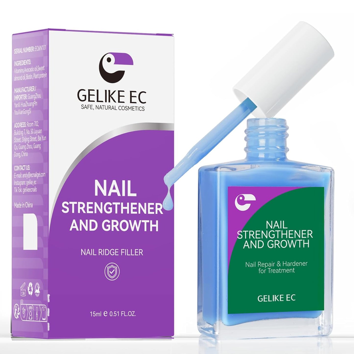 Nail Polish Strengthener and Growth Treatment: Azure Blue 15ml Gelike EC 6 in 1 Natural Nail Strengthener for Damaged Nails - Long Lasting Nail Hardener and Strengthener - For Daily Home Salon