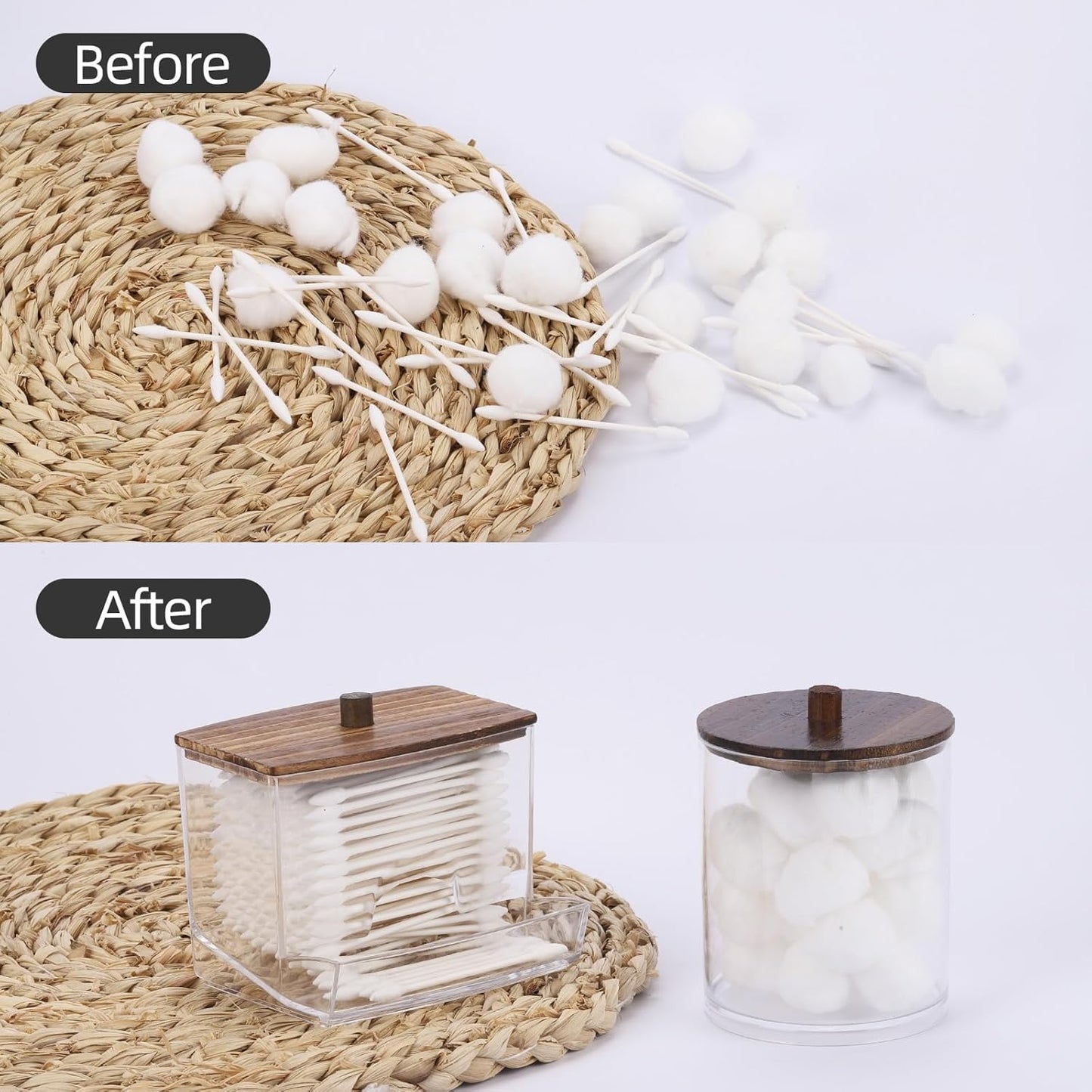 Tbestmax Qtips Dispenser, 10/12 oz Big Cotton Ball Holder Bathroom Container, Plastic Apothecary Jar Organizer for Storage Swab, Round Pads, Floss Picks - Wood Lids