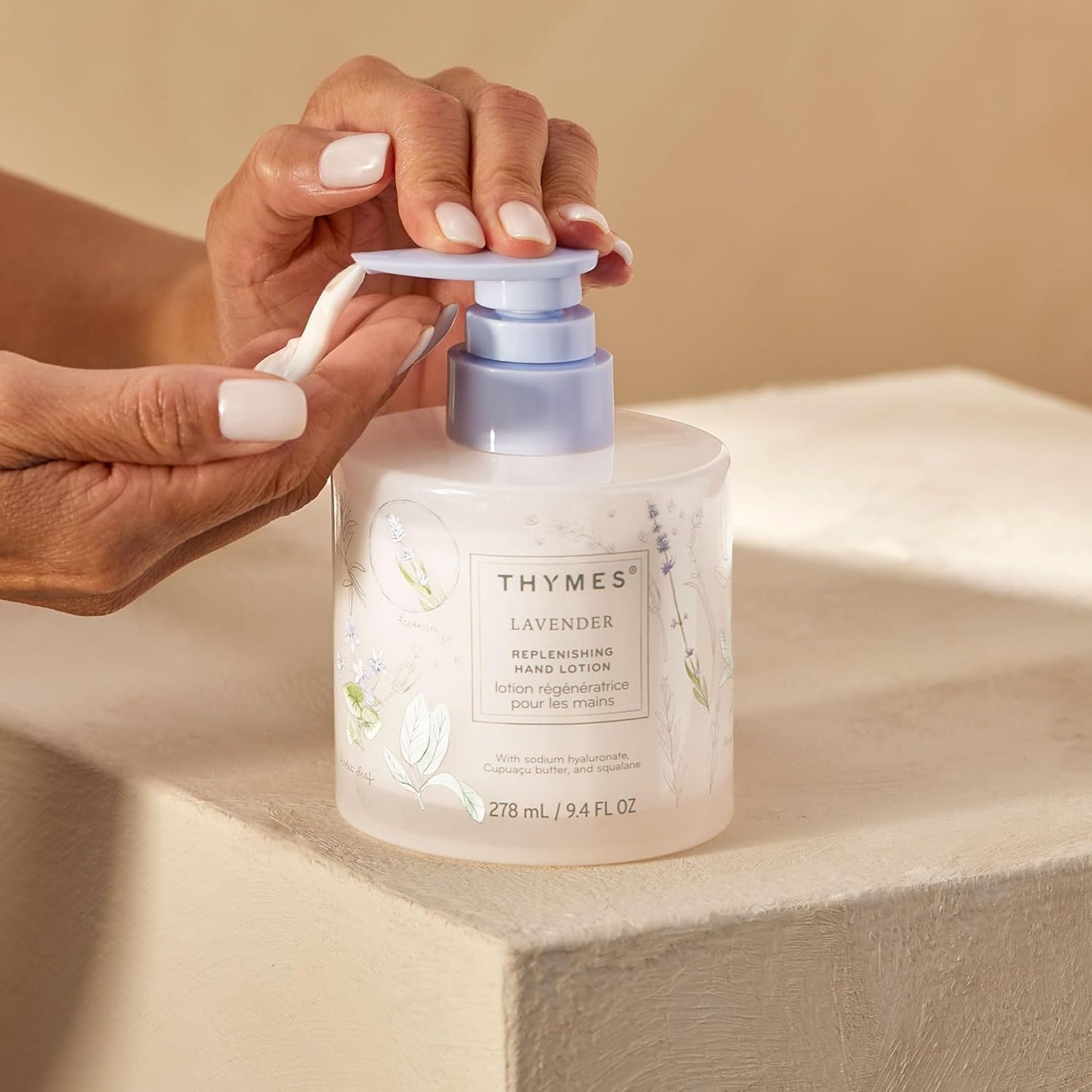 Thymes Replenishing Hand Lotion for Dry Skin - Daily Moisturizer Helps Reduce Dryness - Hand Lotion for Women & Men Formulated with Sodium Hyaluronate & Squalane (Lavender, 9.4 fl oz)