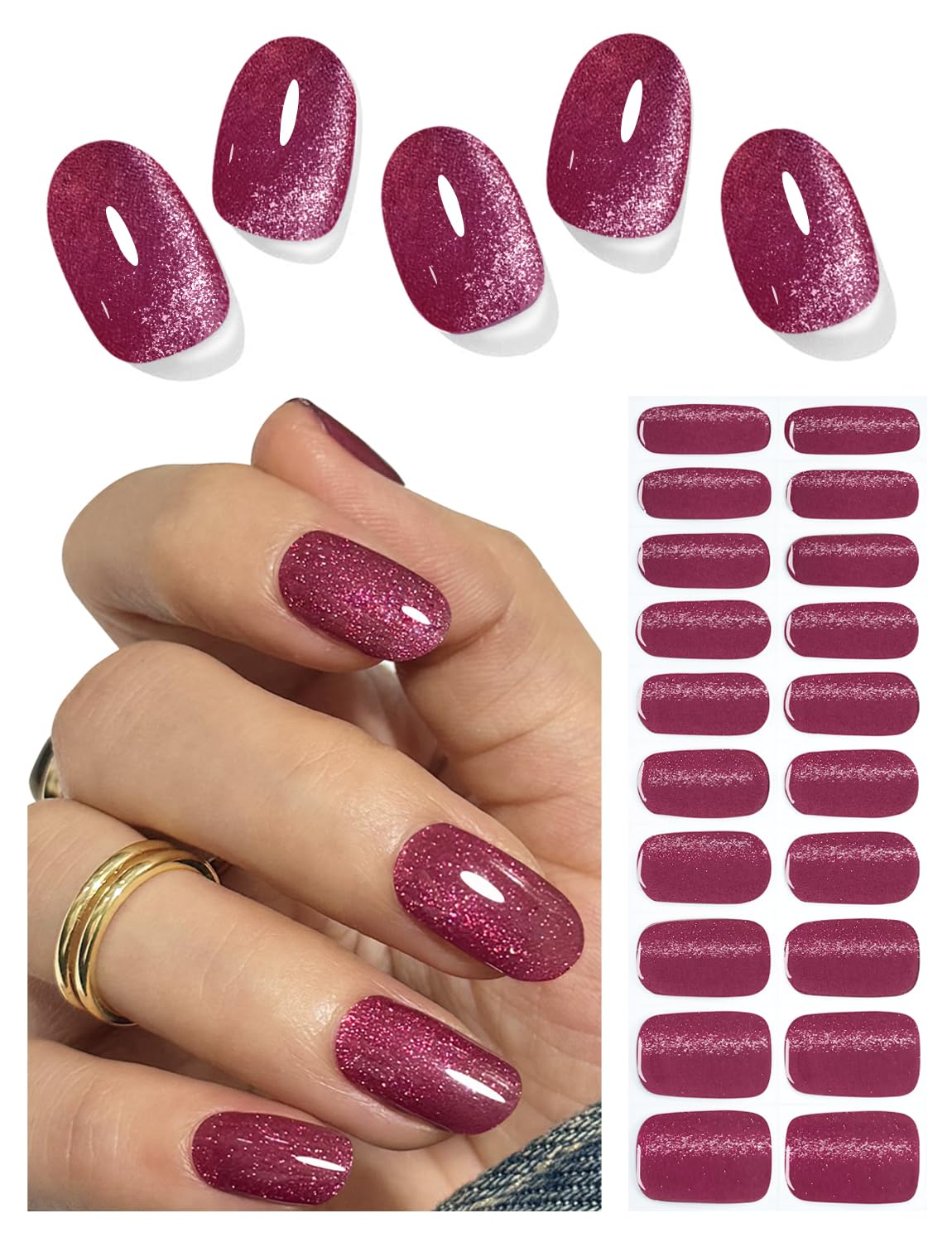 Semi Cured Gel Nail Strips, 20pcs Plum Cat Eye Gel Nail Stickers UV for Home Nails DIY