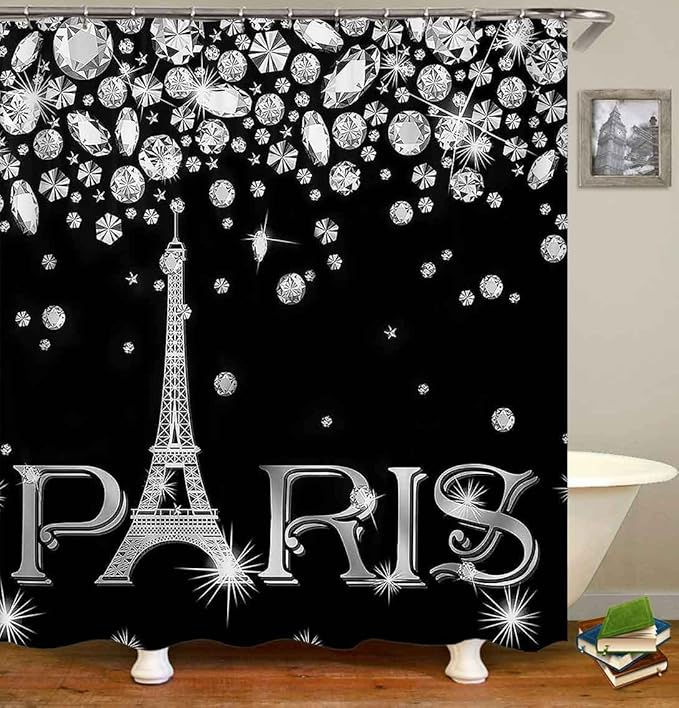 4PCS Eiffel Tower Shower Curtain Set, Luxury Jewelry Rhinestone Bling Diamond Paris Bathroom Decor, Waterproof Fabric Black Shower Curtain, Non-slip Bath Mat Toilet Lid Cover Bathroom Rugs
