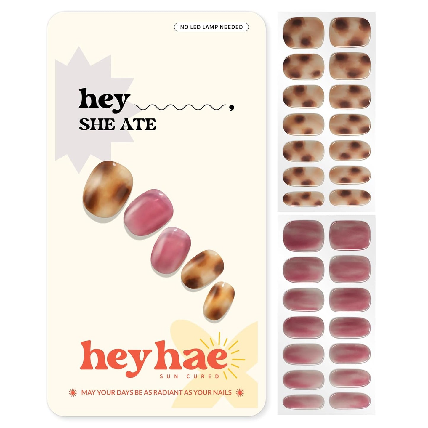 Semi Cured Gel Nail Strips | No LED Lamp Needed | Summer, Marble, Red | Easy Apply & Remove, Salon Quality | Includes 28 Strips, 1 Prep Pads, Nail File & Wooden Stick - Hey, She Ate