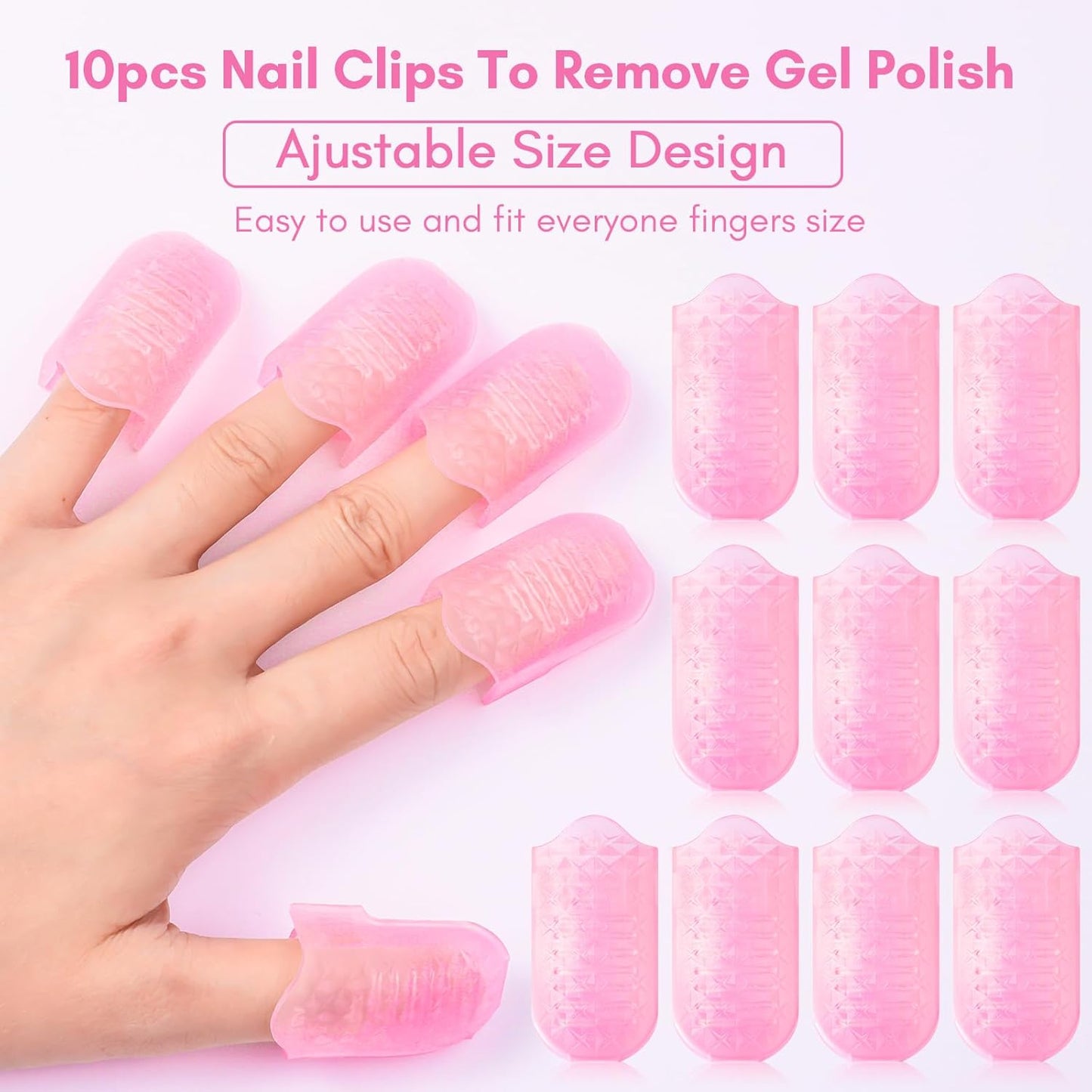 Makartt Nail Polish Remover Tools Kit 10 Pcs, Soak Off Cap Clips, with Double-Ended Cuticle Pusher for UV Gel Polish Removal, Acrylic Art Manicure Accessories, Pink