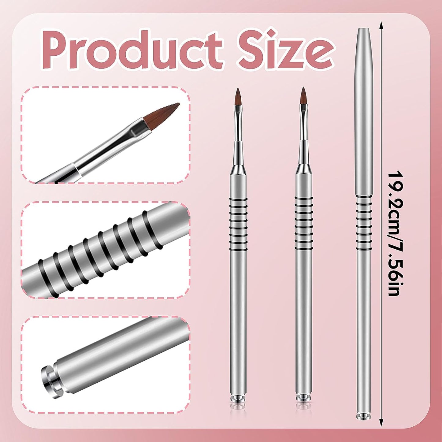 2 Pack 3D Nail Art Brush for Acrylic, Kolinsky Acrylic Nail Brushes Set, Nail Lining Brush Nail Salon Painting Brush Pen with Non-Slip Handle, Silver Metal Nail Art Pen (Size #2)
