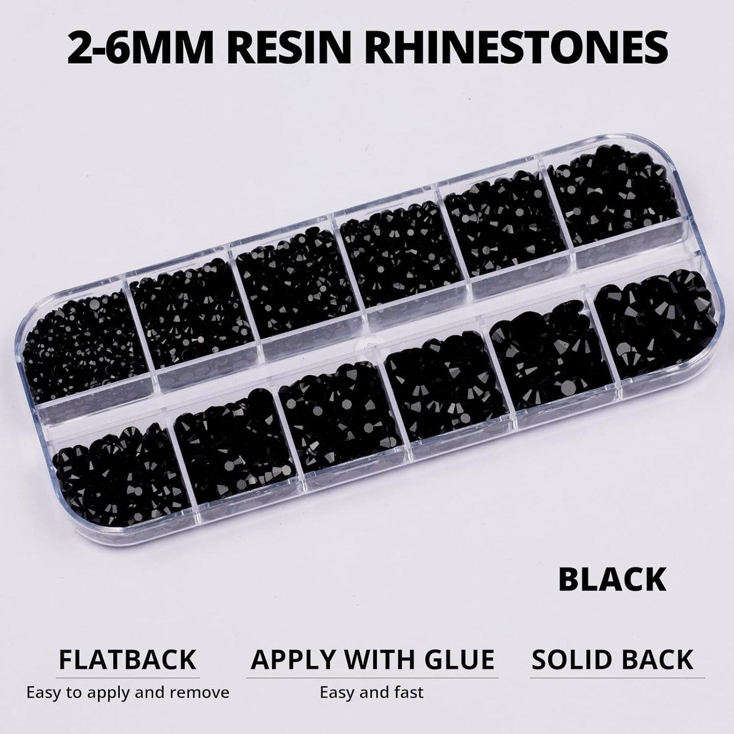 6000Pcs Black Rhinestones for Crafting Bedazzling with b 7000 Jewelry Glue, Resin Flatback Crystal Diamond for Crafts Clothing Clothes Project Dress, Flat Back Bedazzler Half Gems Multiple Sizes