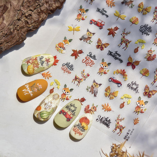 Thanksgiving Day Nail Stickers for Nail Art Fall Nail Sticker 5D Embossed Self-Adhesive Shiny Autumn Leaves Fox Deer Owl Nails Decals Holiday Maple Leaf Manicure Decoration for Salon Nails 1Sheet