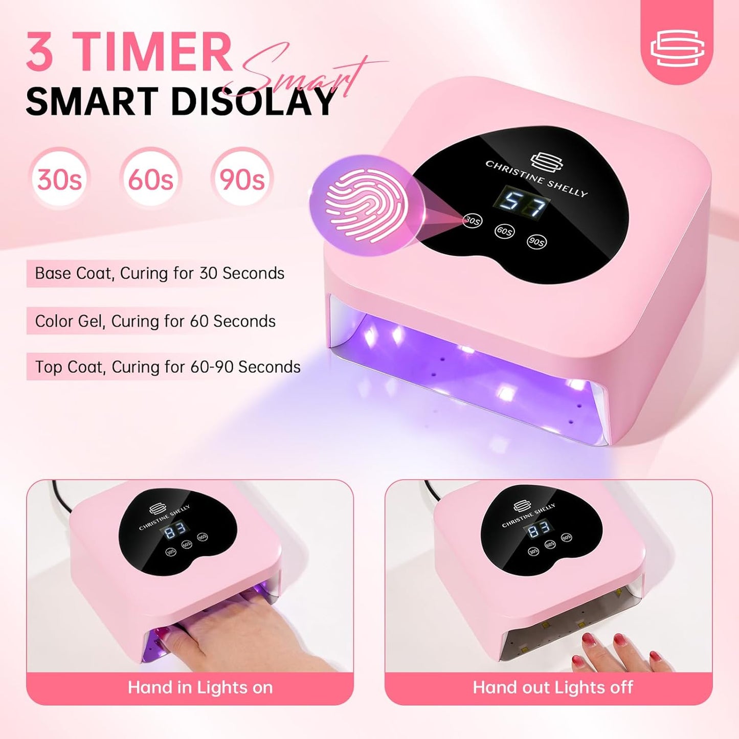UV Nail Lamp, CHRISTINE SHELLY UV Light for Gel Nails, 48W Plug-in Mini Nail Lamp Nail Dryer with Touch Control Auto Sensor and 3 Timer Settings Nail Light Curing Lamp, Home Salon Nail Art Tools,Pink