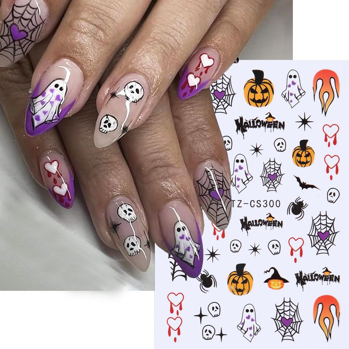 6 Sheets Halloween Nail Art Stickers Spider Web Nail Decals Pumpkin Ghost Nail Stickers Bat Heart Line Flame Nail Sticker for Nail Art 3D Self Adhesive Holiday Manicure Supplies for Women