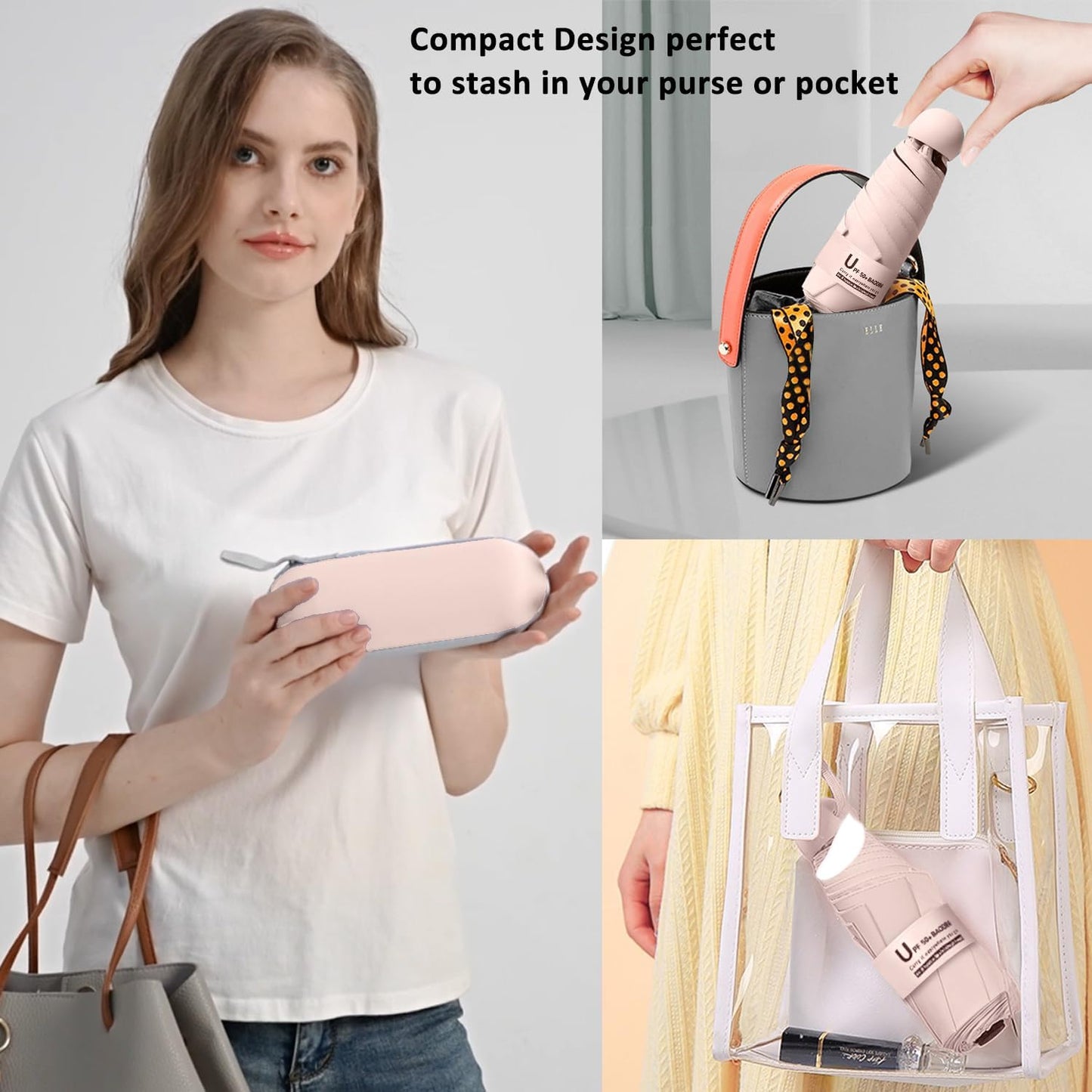 BAODINI Travel Essentials Mini Umbrella for Purse With Case Small Compact UV Sun Protection Lightweight Tiny Pocket Manual Open Close Umbrella for Women Kids and Men Fit Purse Backpack