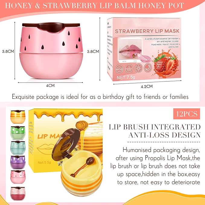 12 Pcs Bee Lip Balm Honey Pot with Brush Propolis Lip Mask Overnight, Moisturizing Hydrating Lip Sleeping Mask Prevention Dry and Cracked(Honey+Peach+Grape+Strawberry+Apple Lime+Mint)